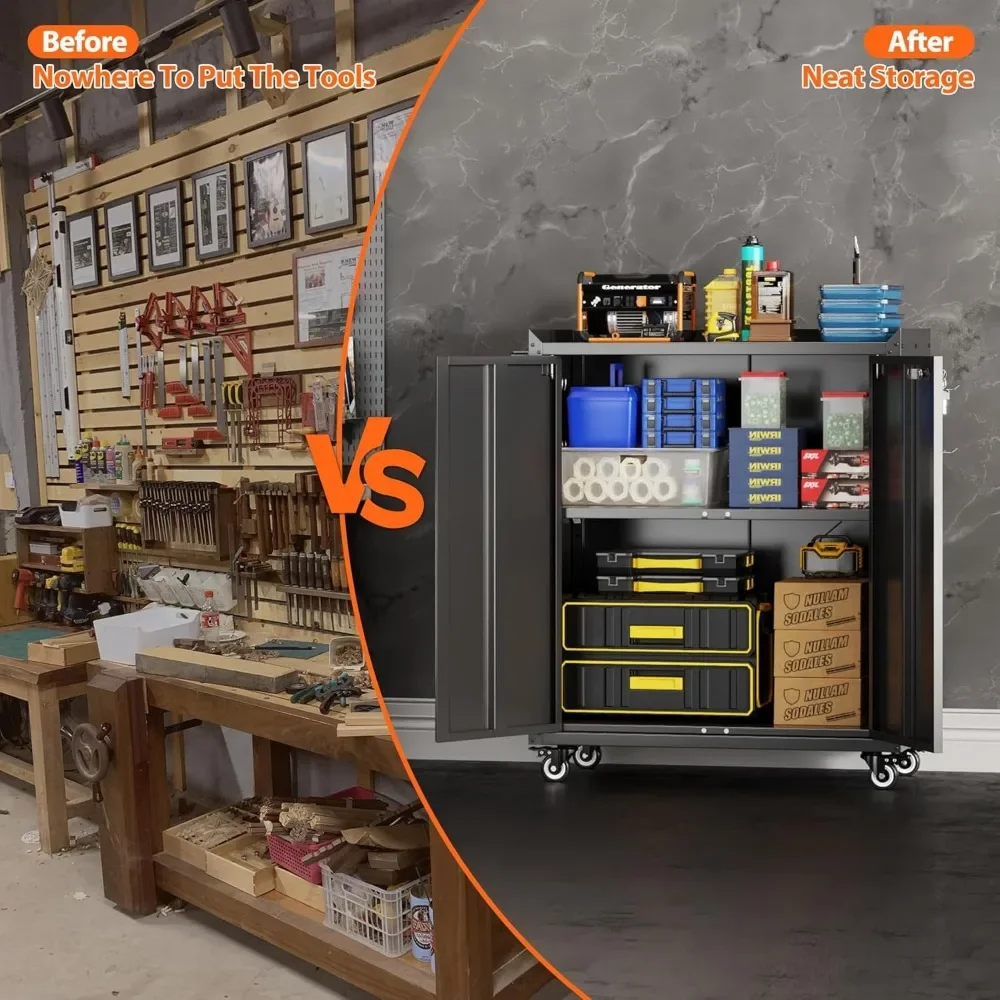 "31.5" Rolling Garage Cabinet - Metal Tool Storage w/Pegboard, 4 Hooks for Home & Workshop Assembly"​