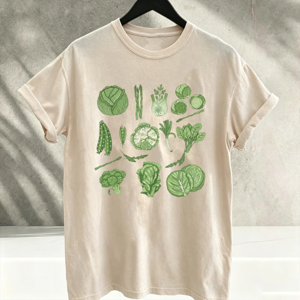 Vintage Green Vegetables Graphic Printed Cotton T-Shirt Botanical Veggie Plant Art Short Sleeve Tee Top for Men Women  Y2k Goth