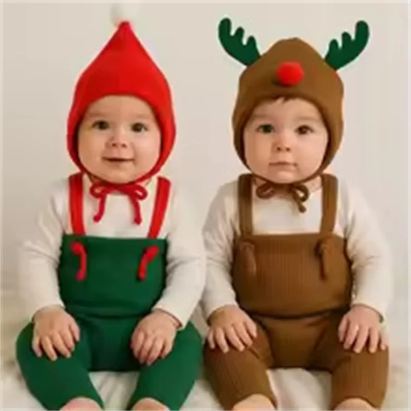 2025 Christmas Cute Baby Boy Girl Leggings Pants with Hat Solid Ribbed PP Clothes Toddler Trousers Overall Newborn Bodysuit