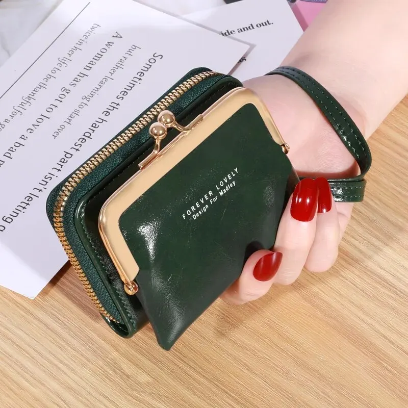 Cartera con correa para la muñeca para mujer, cartera corta de cuero con cera de aceite, Zero, gran capacidad, bolso con letras, tarjetero
