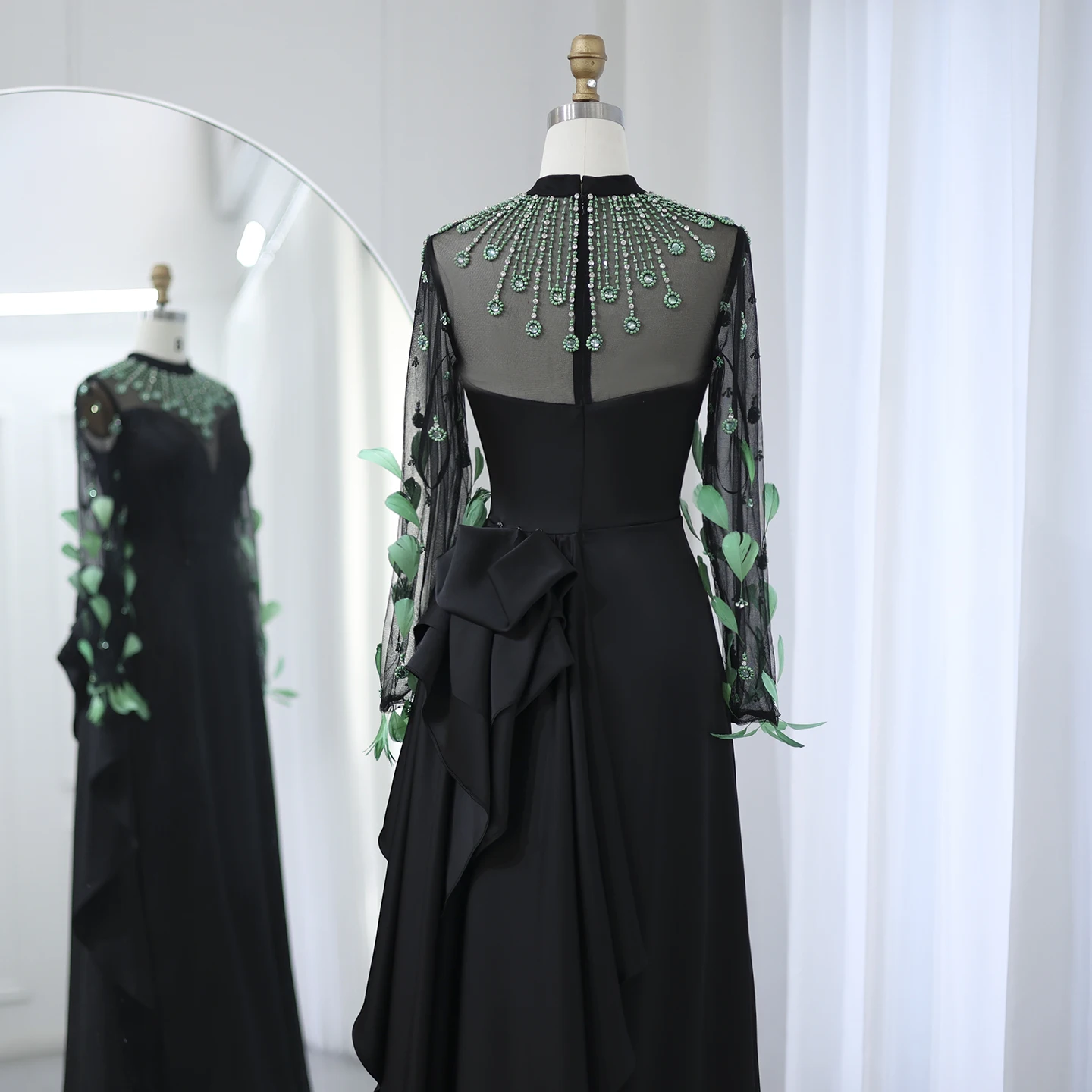 Sharon Said Luxury Dubai Emerald Green Feathers Black Evening Dress Long Sleeves Arabia Women Formal Party Gown SS457 Customized