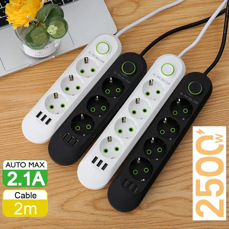 EU Plug Power Strip 5 Jack with 3 USB Ports 2M Extension Cord Electrical Socket Round Pin AC Outlet 2500W Multicontact Adapter