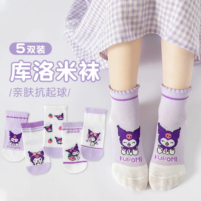 

5 Pairs Sanrio Kids Socks Mesh Breathable Ice Thin Socks Summer Cute Cartoon Childrens Combed Cotton Mid-calf Socks for Girls