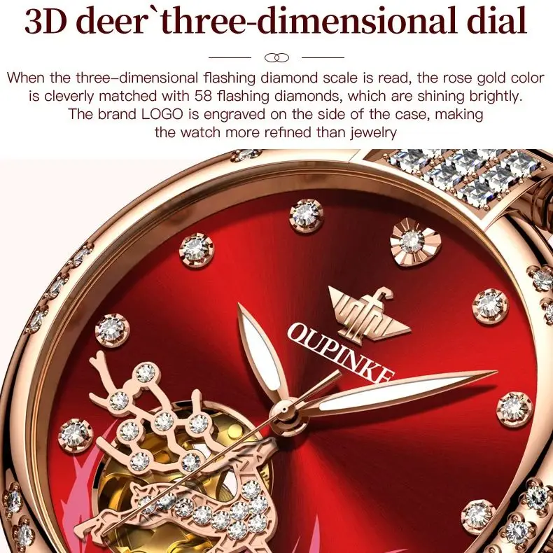 OUPINKE-Diamond Deer Design Relógio Automático para Mulheres, Importado Japão, Movimento Mecânico, Sapphire Mirror, Ceramic Strap