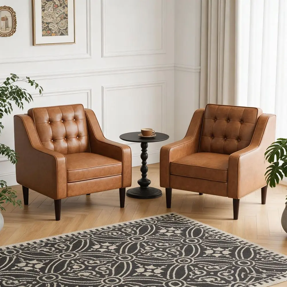 

PU Leather Accent Chair Set of 2, Mid Century Modern Arm Chair for Living Room, ButtonTufted Upholstered Reading Chairs with Re