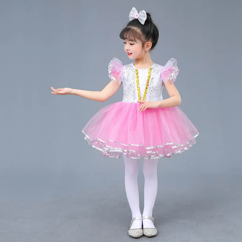 현대 무용 무대 공연 의상, 어린이 스팽글 댄스 공연 의상, 푹신한 치마, 소녀 공주 원피스