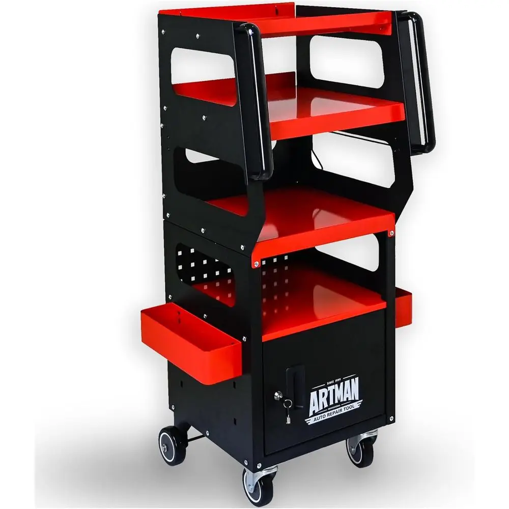 

4-х уровневая регулируемая тележка для инструментов со шкафом и поворотными роликами с замком для мастерской и гаража