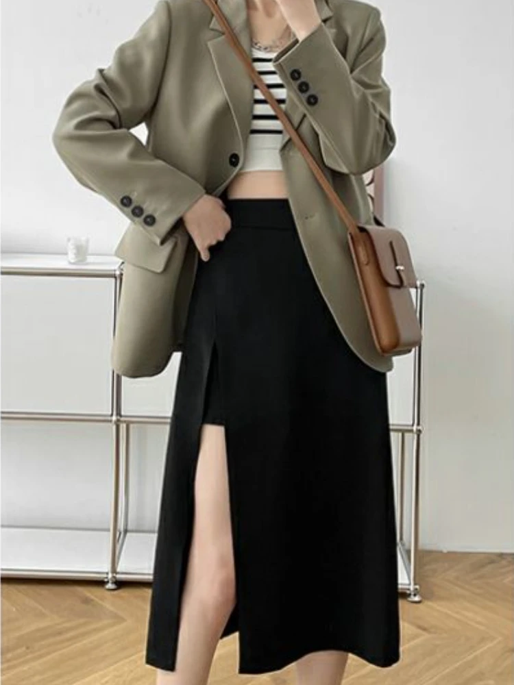 Black Midi Skirts Women Irregular Sexy Side-slit Classic Ulzzang Chic A-line Faldas Minimalist Stylish Females XS-5XL Clothing