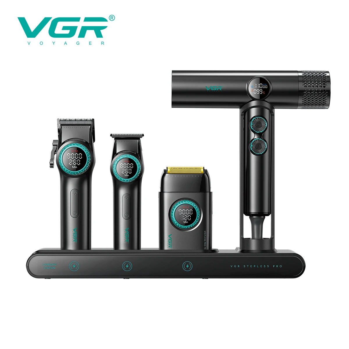 VGR  STEPLERSS RPO 4 in 1 Professional Barber Combo BLDC 9000RPM Hair Clipper Trimmer  High Speed Hair Dryer