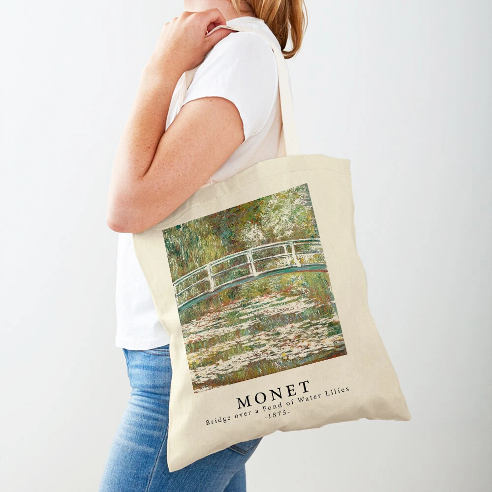 Impressionism Artist Claude Monet Shoulder Shopper Bag Women Shopping Bags Double Print Casual Lady Canvas Tote Handbags