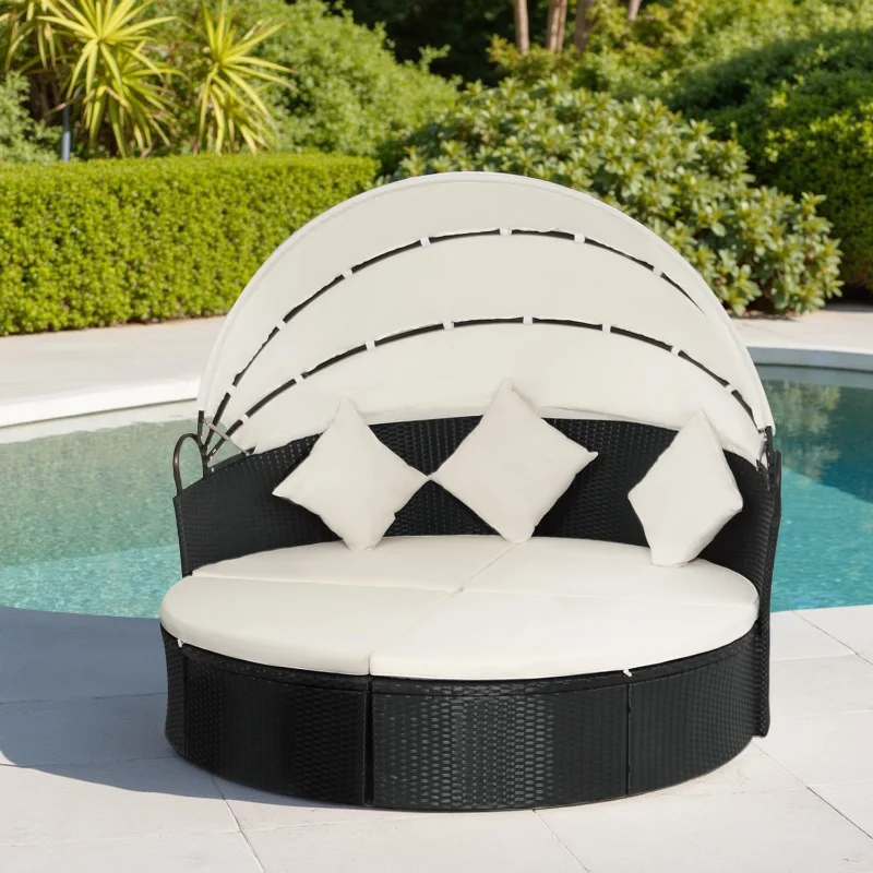 

home. Outdoor Round Daybed Wicker Patio Furniture Outdoor Furniture with Retractable Canopy Rattan Separated Seating Sectiona