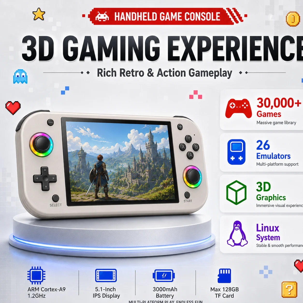 

M26 Portable Video Game Console 5.1 Inch IPS Screen 26 Emulator Systems 20000+ Games RGB Light for Kids Adults