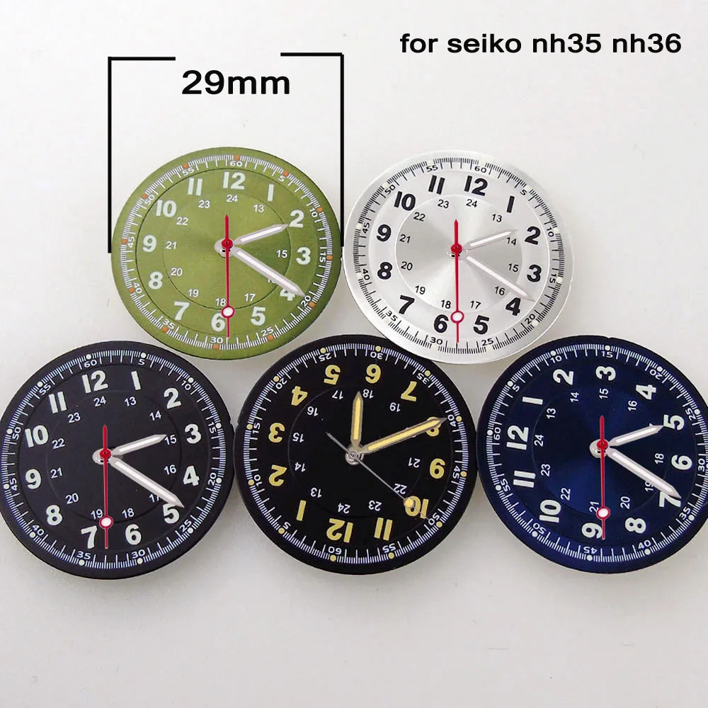 

29mm Watch Dial nh35 Pilot Sterile Dial Face for nh35 nh36 Movt Sunburst Silver Arabic Numerals Luminous Hand Diver Watch Parts