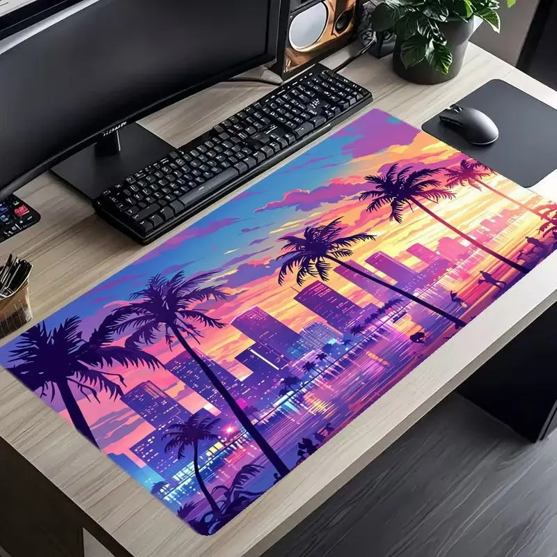 Retro synthetic wave landscape mouse pad, vibrant coastal city sunset scene, suitable for both office use and gaming