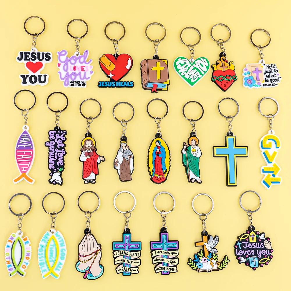 10PCS Religions PVC Keychain Christianity Catholic Key Ring Jesus Cross Holy book Key Chain Handbag Accessories for Women Girls