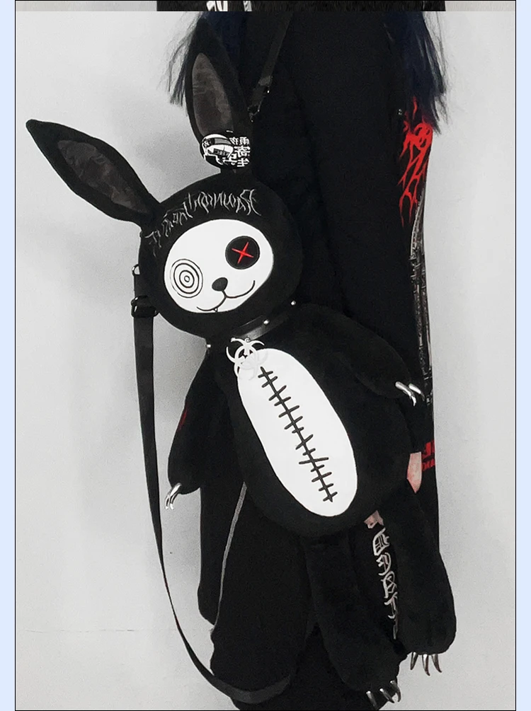 Sweet Cool Biochemical Rabbit Gothic Dark Black Plush Lolita Backpack Crossbody Bags Schoolbag Commute Shoulder Women\'s Bag