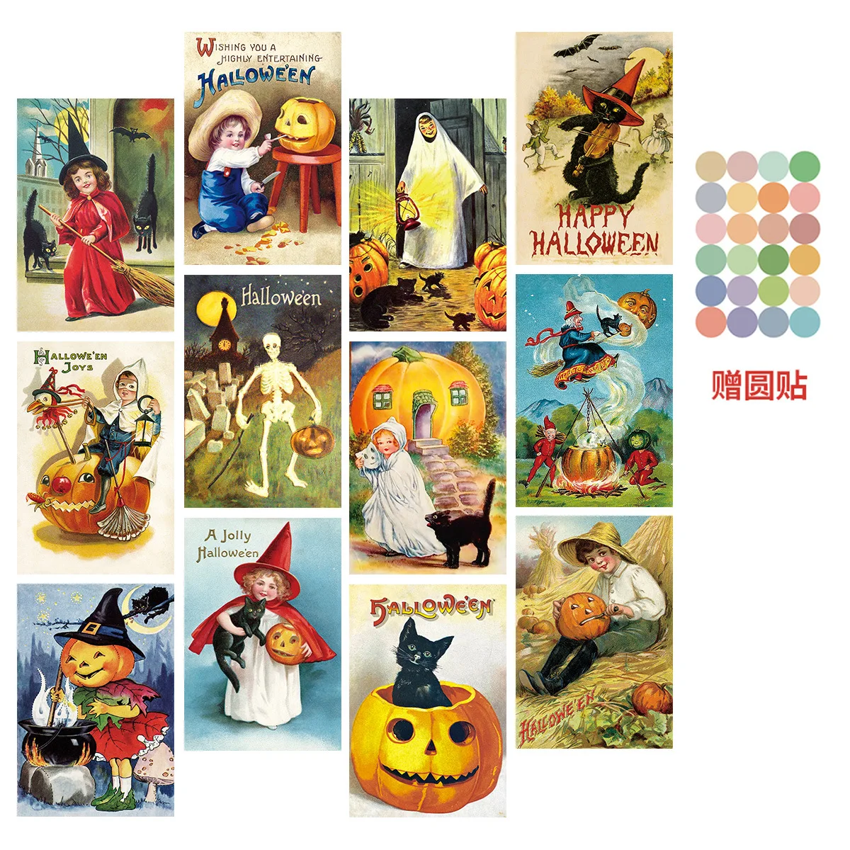 

12pcs Vintage Halloween Postcards Set,Classic Witch & Pumpkin Illustrations,Retro Halloween Greeting Cards Festive Decorations