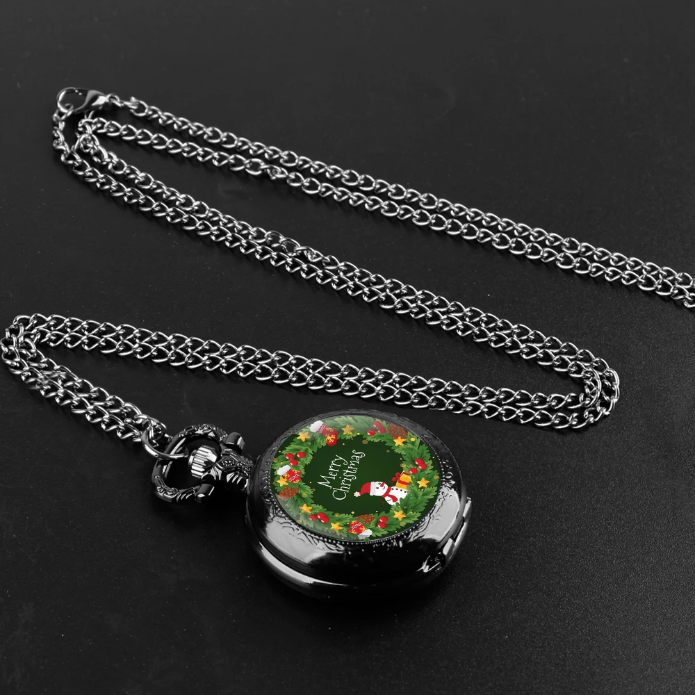 Merry Christmas Santa Claus Glass Dome Quartz Pocket Watch With Durable Chain Arabic Numeral Dial Extraordinary Gifts for Kids