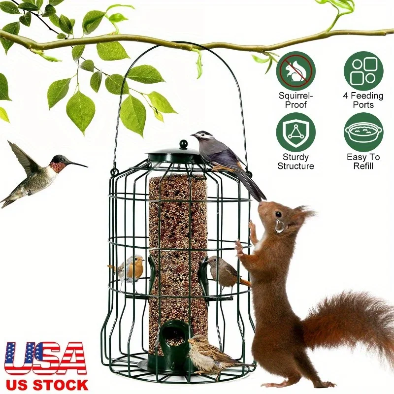 

Outdoor Wild Bird Feeder Squirrel-Proof Chew-Proof Metal Hanging Seed Feeder with 4 Feeding Ports for Small Songbirds