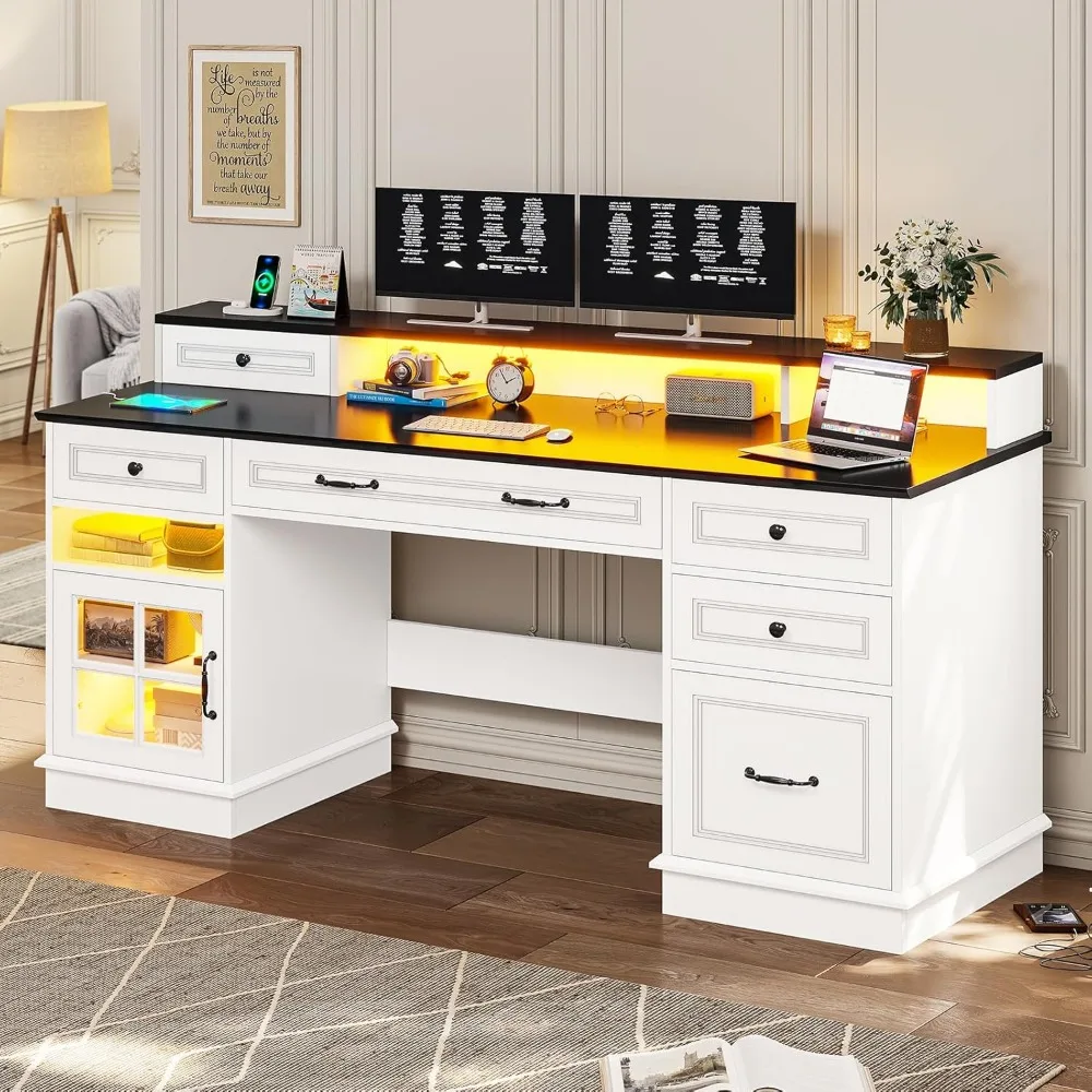 "مكتب مكتب أنيق مع خزانة ملفات، مكتب مريح مع حامل شاشة، مكتب منزلي متعدد الأغراض مع حل تخزين #6