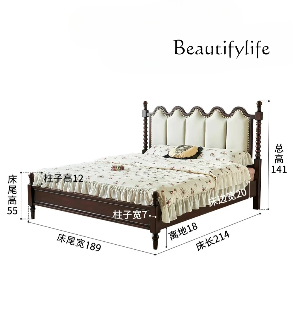 

Light luxury French retro cherry wood solid wood leather soft double bed antique bedroom furniture