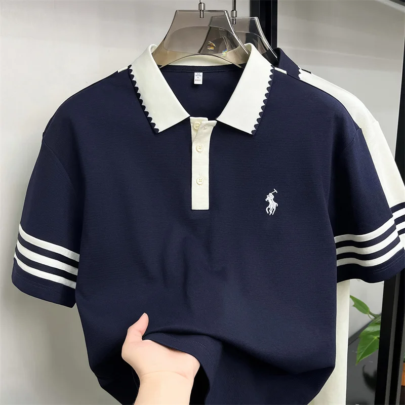 Herren-Poloshirt Neuer Sommer-Baumwoll-Freizeit-Kurzarm-T-Shirt Luxuriöses Besticktes Revers-Oberteil im Herren-Stil – Detail 10