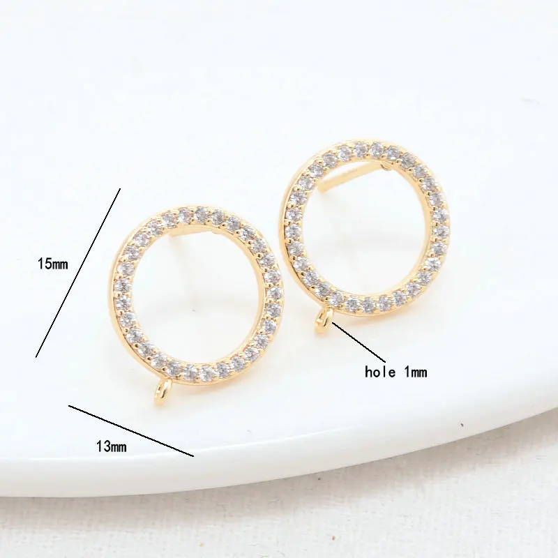 13*15MM 14K Gold Color Brass with Zircon Round Shape Stud Earrings Pins Jewelry Making Supplies Diy Findings Accessories