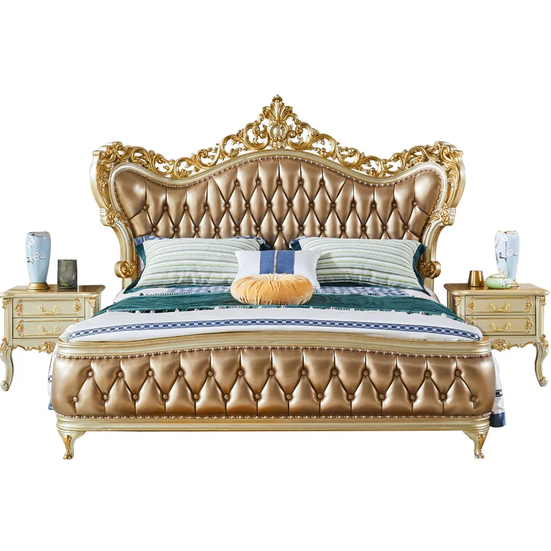 

European style solid wood high-end luxury master bedroom new big bed, classical high-end carved bedroom furniture