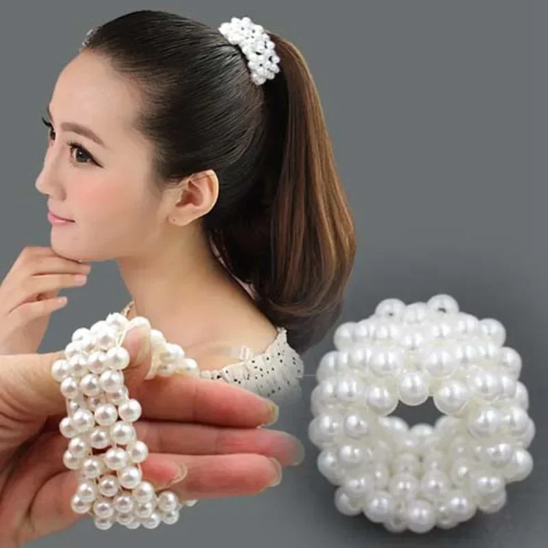 Fashionable Pearl Beaded Hair Ties Beautiful Pearl Elastic Hairbands Handmade Headwear Woman Hair Accessories