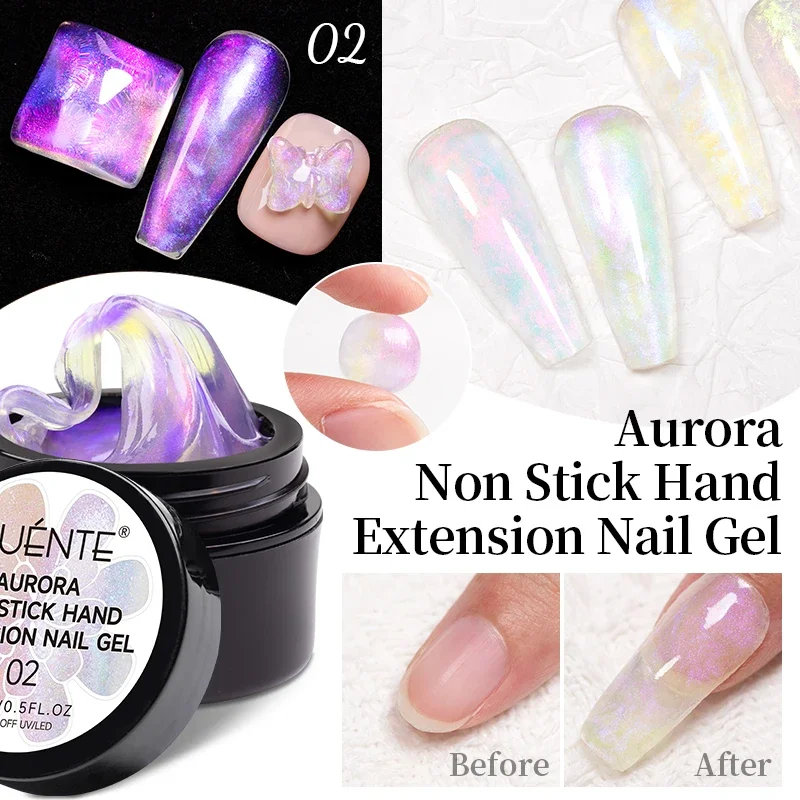 15ml Aurora Non Stick Hand Extension Nail Gel Polish Aurora Glitter Effect 3D Carving Manicure Semi-Permanant Nail Art Varnish