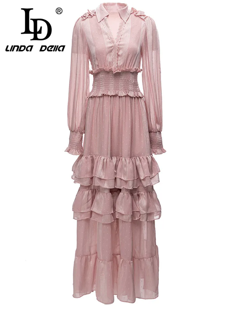 

LD LINDA DELLA Summer Runway Designer Elegant Party Dress Women's Pink Long Sleeve Beading Elastic Waist Crumple Splice Dress