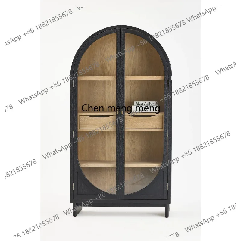 

Nordic Old White Pine Arched Wooden Cabinet for Storing Wine Modern Furniture, Matte Black Oak Two-door Side Cabinet