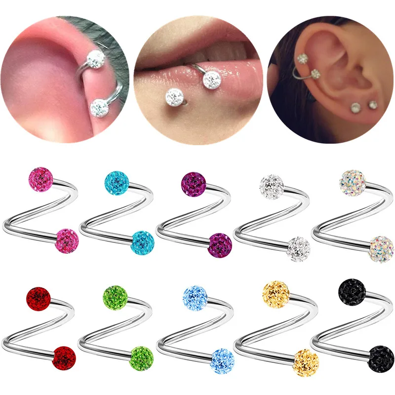 1PCS Stainless Steel Crystal Twist Helix Earring Cartilage Jewelry S Shape Labret Piercing Lip Ring Twist Tragus Earring Stud