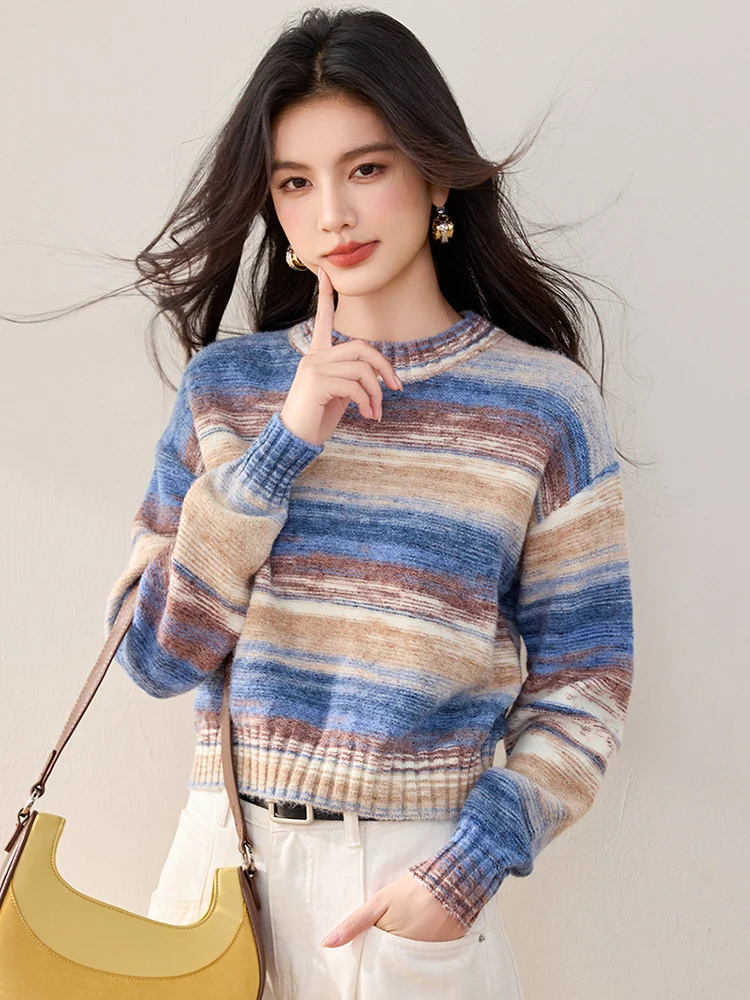 

Gradient Color Knitted Jumpers Women Tops Autumn Winter Casual Versatile Round Neck Sweater Vintage Long Sleeve Loose Sweaters