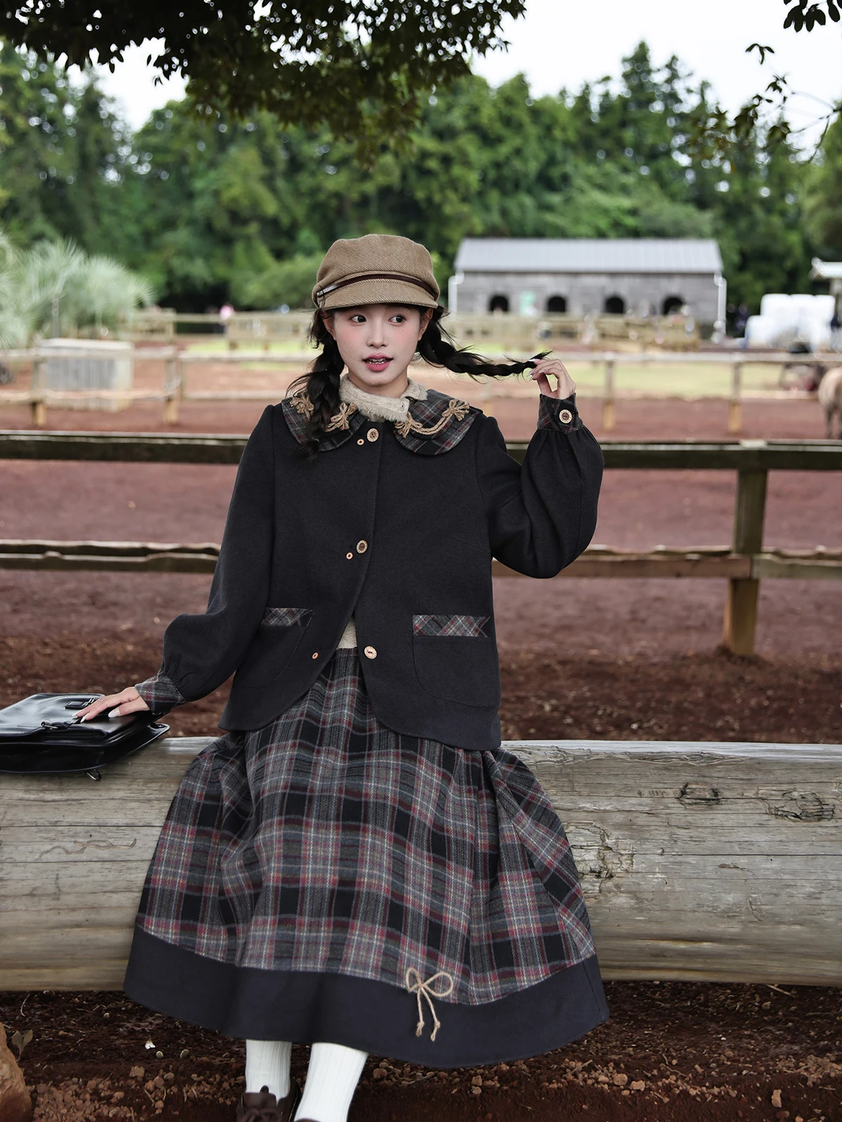 

Casual Sle College Theme ey Woolen Rope Weave Belted Women's Outfit Autumn Winter Plaid Skirt And Jaet Set