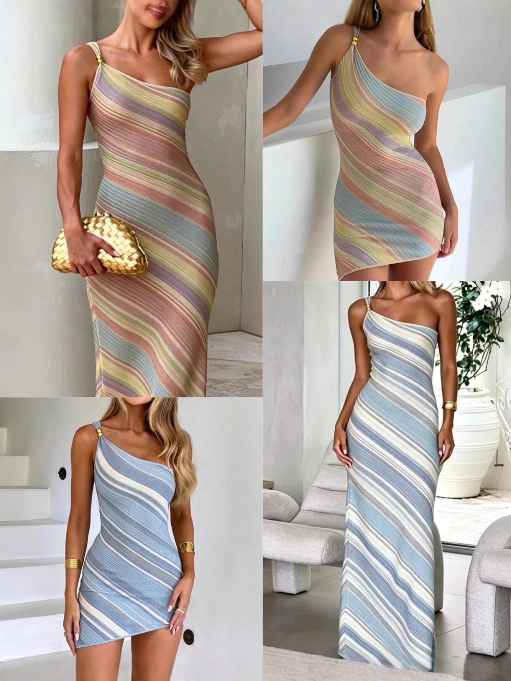 Fashion Dopamine Colorful Striped Sloping Shoulder Bodycon Dress Women's Contrast Color Irregular Hem Slim Fit Sleeveless Dress