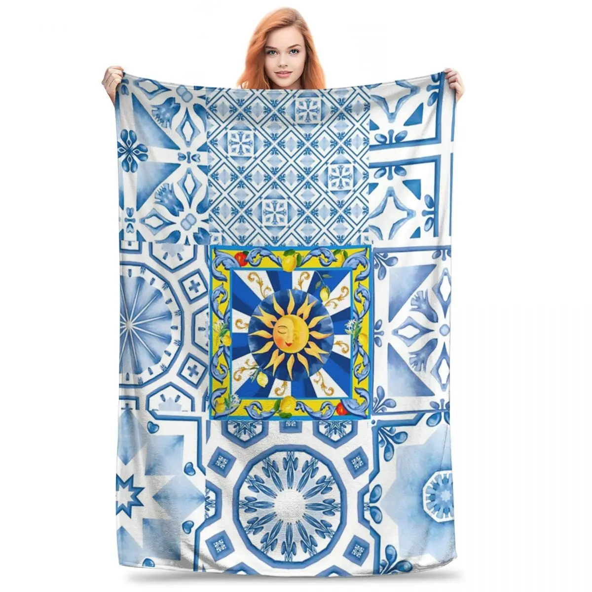 Sicilian Tiles,sun,half Moon,mediterranean Style,lemon Art Blanket Fleece Warm Sofa Throw Blankets For Home Bedroom Travel Quilt