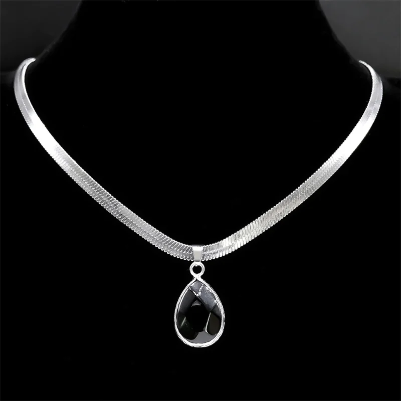 Gothic Water Drop Black Obsidian Necklace Women Stainless Steel Clavicle Snake Chain Choker Natural Stone Necklaces Kpop Jewelry