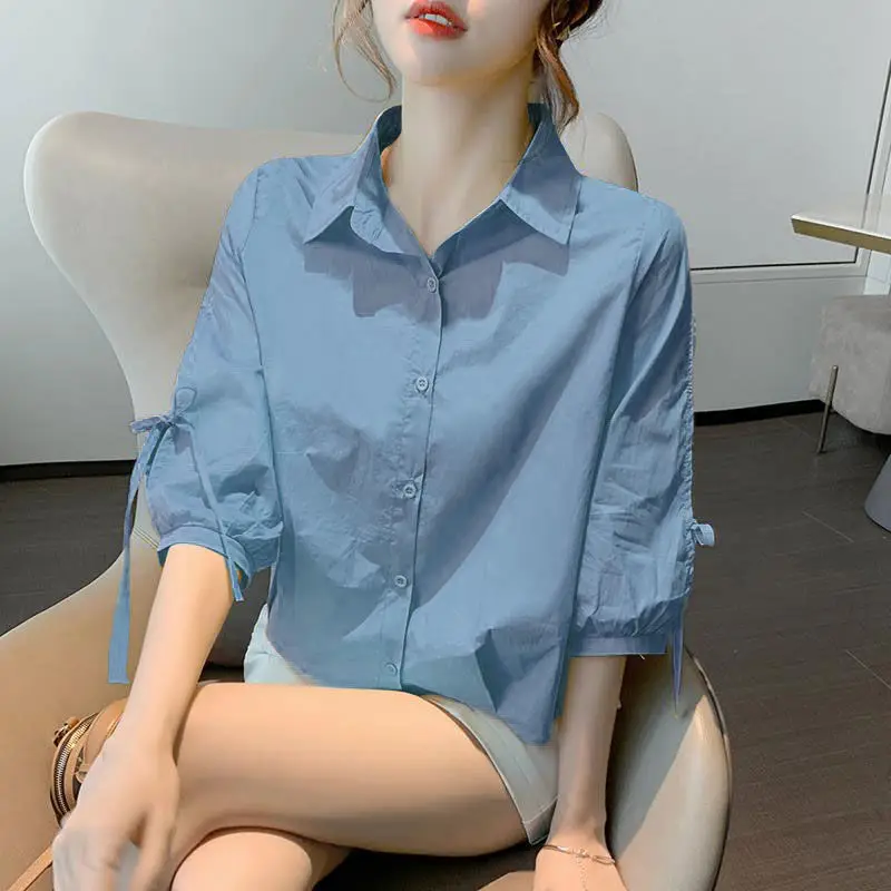 

Cotton Lantern Sleeves Women's 2024 Summer New Turndown Collar Spliced Button Fashion Solid Color Loose Lace Middle Sleeve Shirt