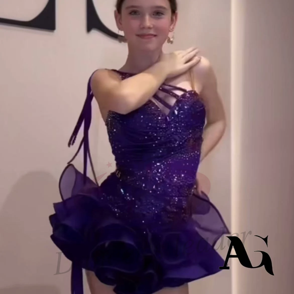 Costume de danse latine AB Stone pour femmes et enfants, haut de gamme, personnalisé, petit ange, jupe moelleuse, robe de Samba de piscine noire