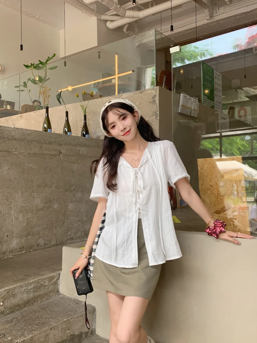 

plus Size Summer Faion Set V-Ne ort Sve irt High Waist A-Line Skirt Belt Design Korean Sle Loose Fit Women'...