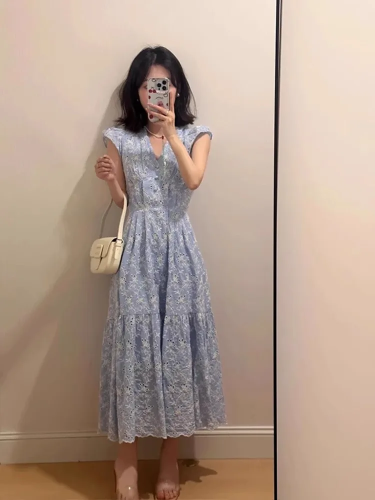 Floral Print V-Ne Dr Women's Summer New Gentle Sle Fly Sve Waist Cinching Slimming Long Dr French Sle Embroidery