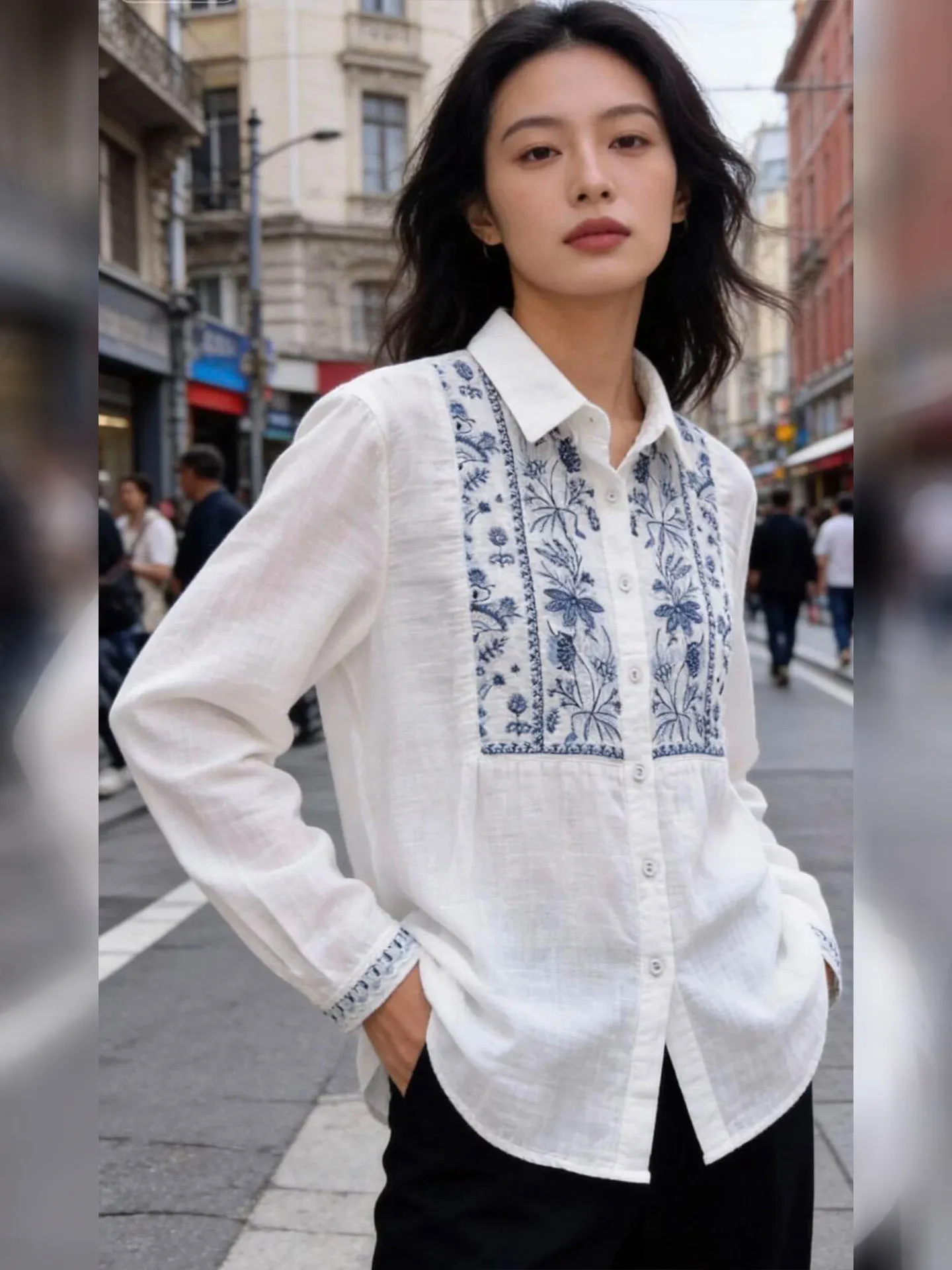 

Ретро-топ с этническим принтом и длинным рукавом, белый, женский, весна 2026, новинка, утонченный дизайн, стройнящий, свободный крой