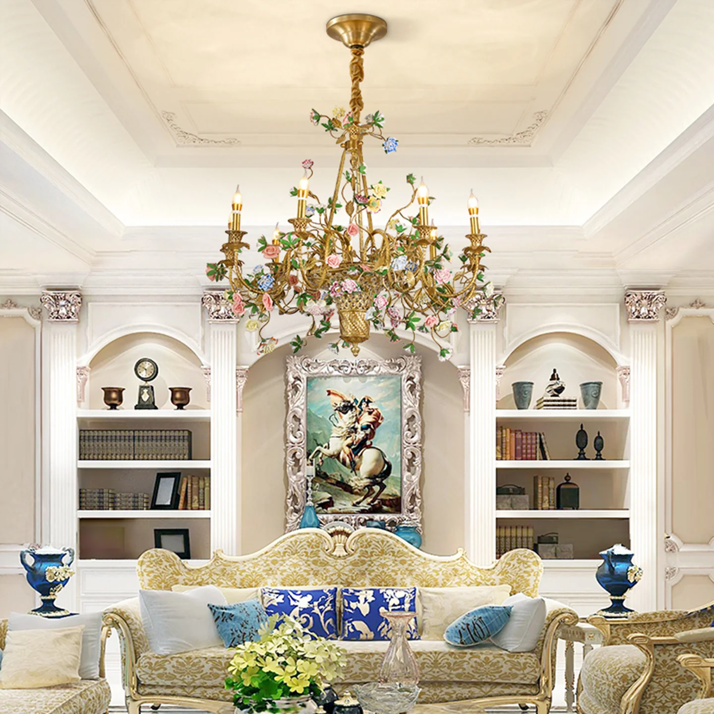 European Colorful Ceramic Flower Decor Duplex Living Room Indoor Chandelier Hotel Banquet Hall Copper Pendant Lamp