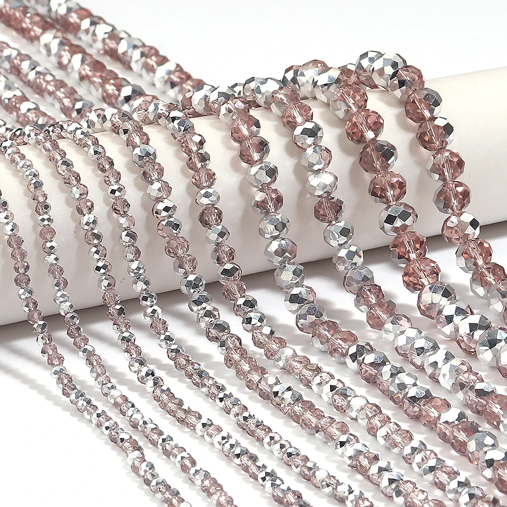 1 Strand 3/4/6/8/10mm Faceted Crystal Beads Pink Rhodium Rondelle Glass Loose Beads For Jewelry Making DIY Bracelets Necklace