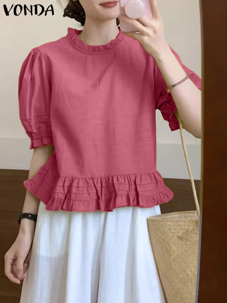 韓国風Oネックトップス レディースブラウス 2025 VONDA 半袖シャツ エレガントなフリル付きチュニック カジュアル ルーズ 無地 パフスリーブ ワークブラウス