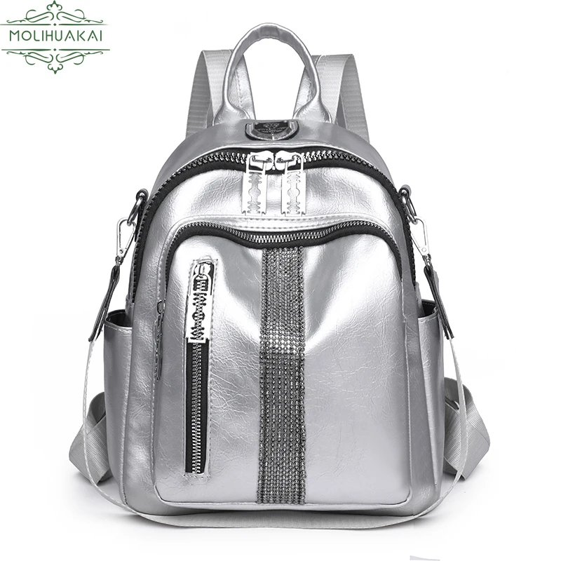 High Quality Soft Leather Women Backpack Silver Diamonds Ladies School Bag Personality Zipper Design Girls One Shoulder Backpack