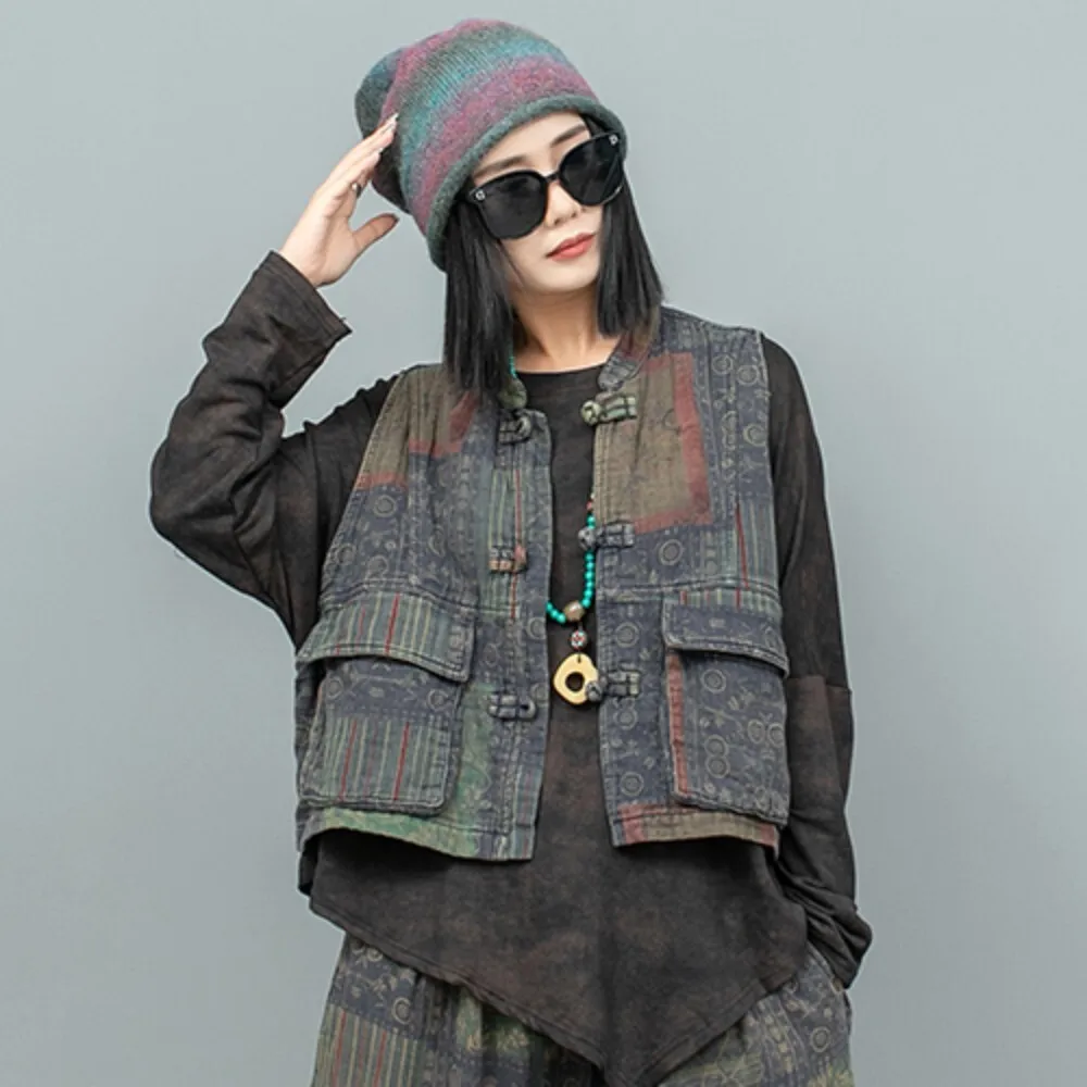 

Cotton Linen Printed Plate Buckle Vest Women 2024 Autumn Loose Large Size Vest Coat LX2058