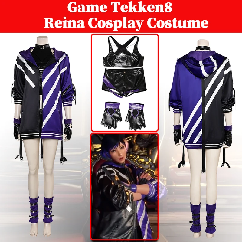 

Reina Cosplay Game Tekken8 Roleplay Fantasy Anime Costume Women Full Coat Gloves Belt Outfits Female Halloween Carnival Suits