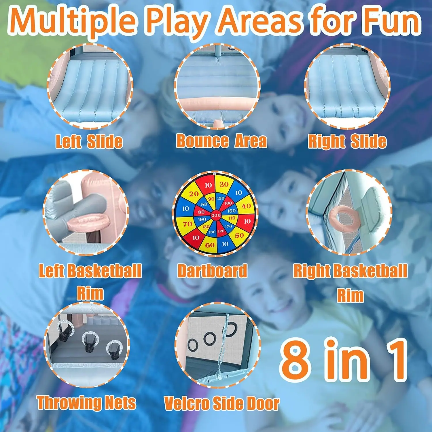 Inflatable Bounce House,8-in-1 Large Bouncy Castle with Slide,Basketball Hoop,Dart Game, Heavy Duty Indoor Outdoor Blow Up Jump view 5